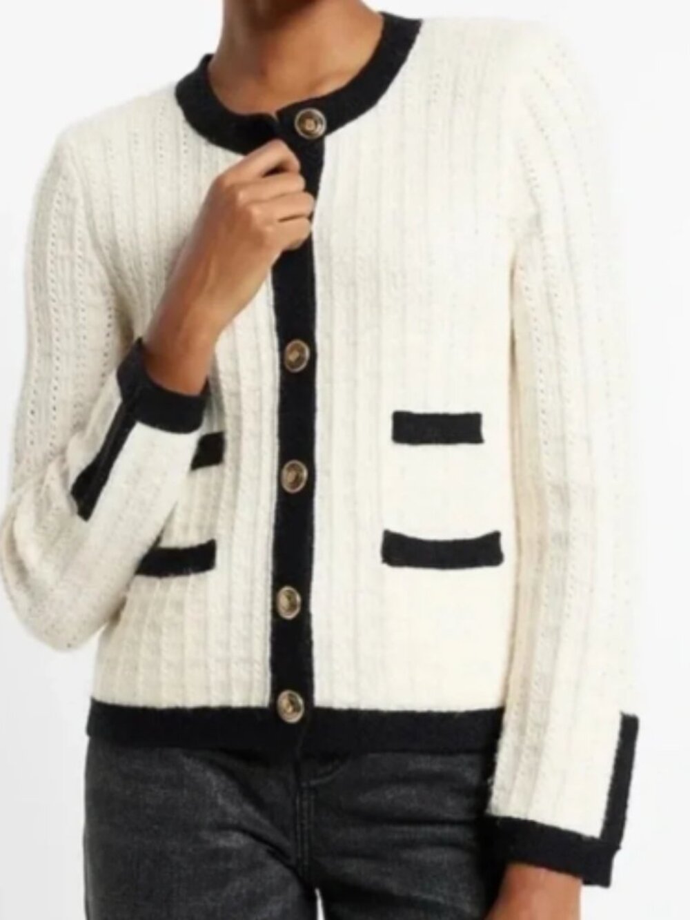 Express Cream and Black Old Money Lady Cardigan Sweater with Ornate Buttons